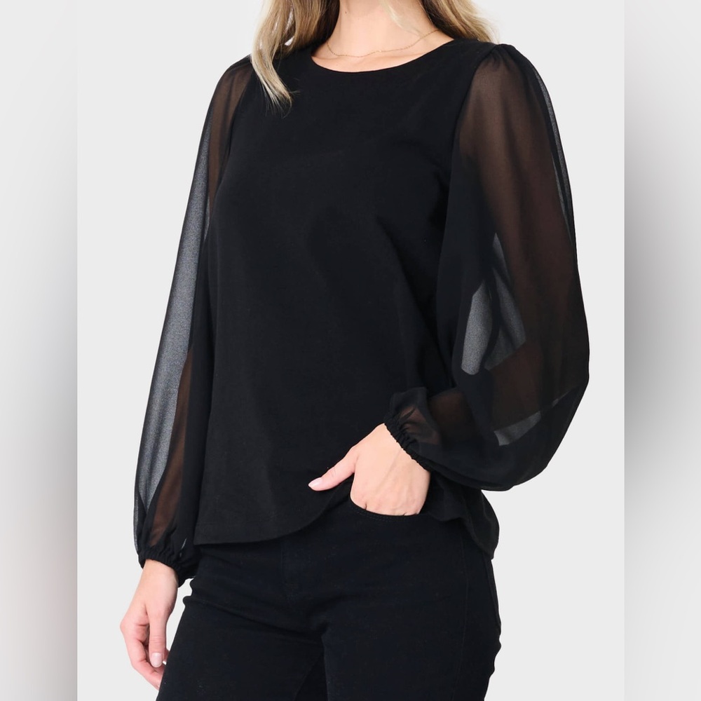 Gibson Look Round Neck Black Chiffon Sleeve Top Size Small